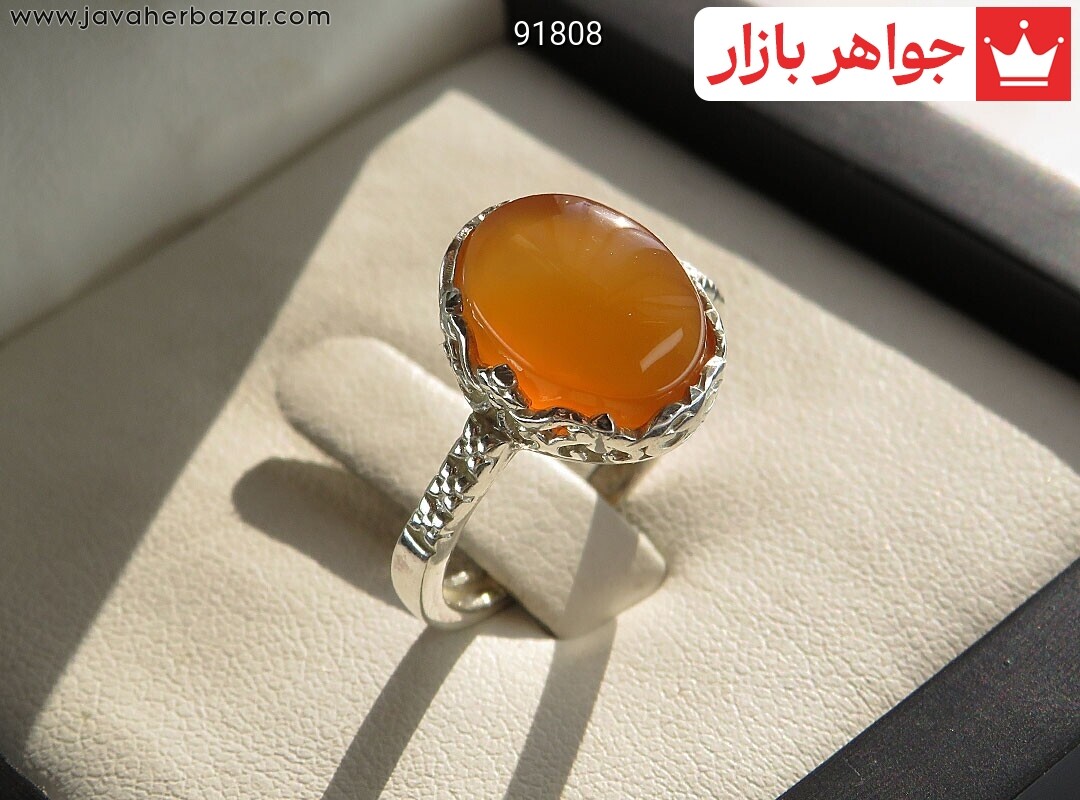 انگشتر نقره عقیق یمنی نارنجی طرح گلنوش زنانه [شرف الشمس]